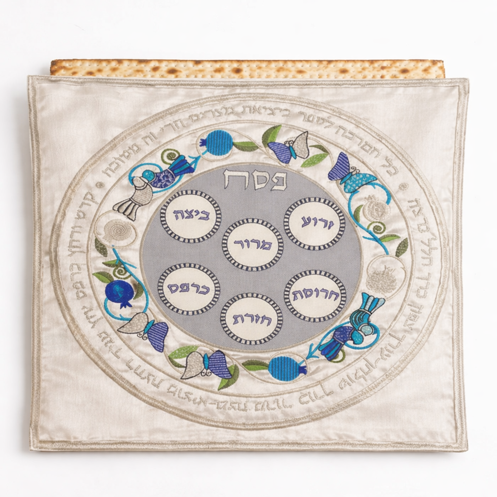 Matzah Cover in blues, silver + white