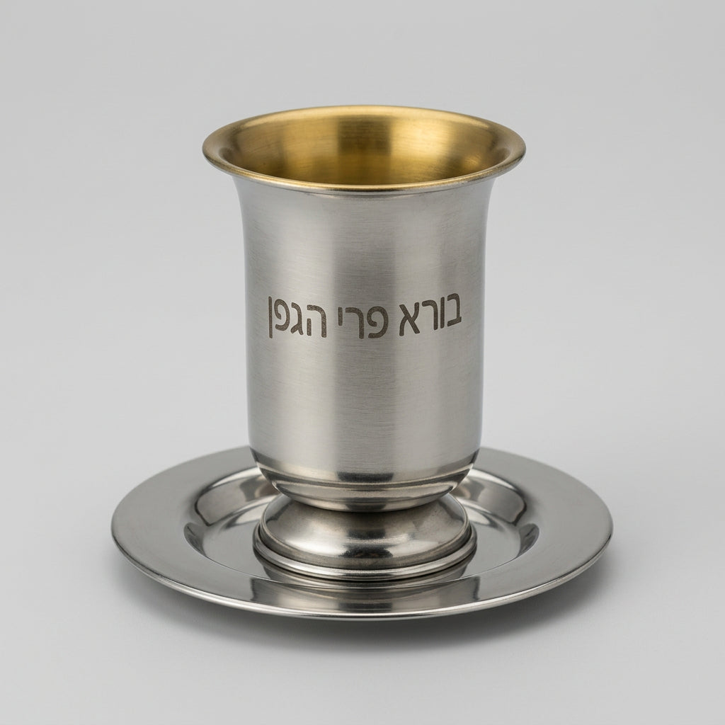 Stainless Steel Kiddush Cup with Stem and Saucer, Engraved