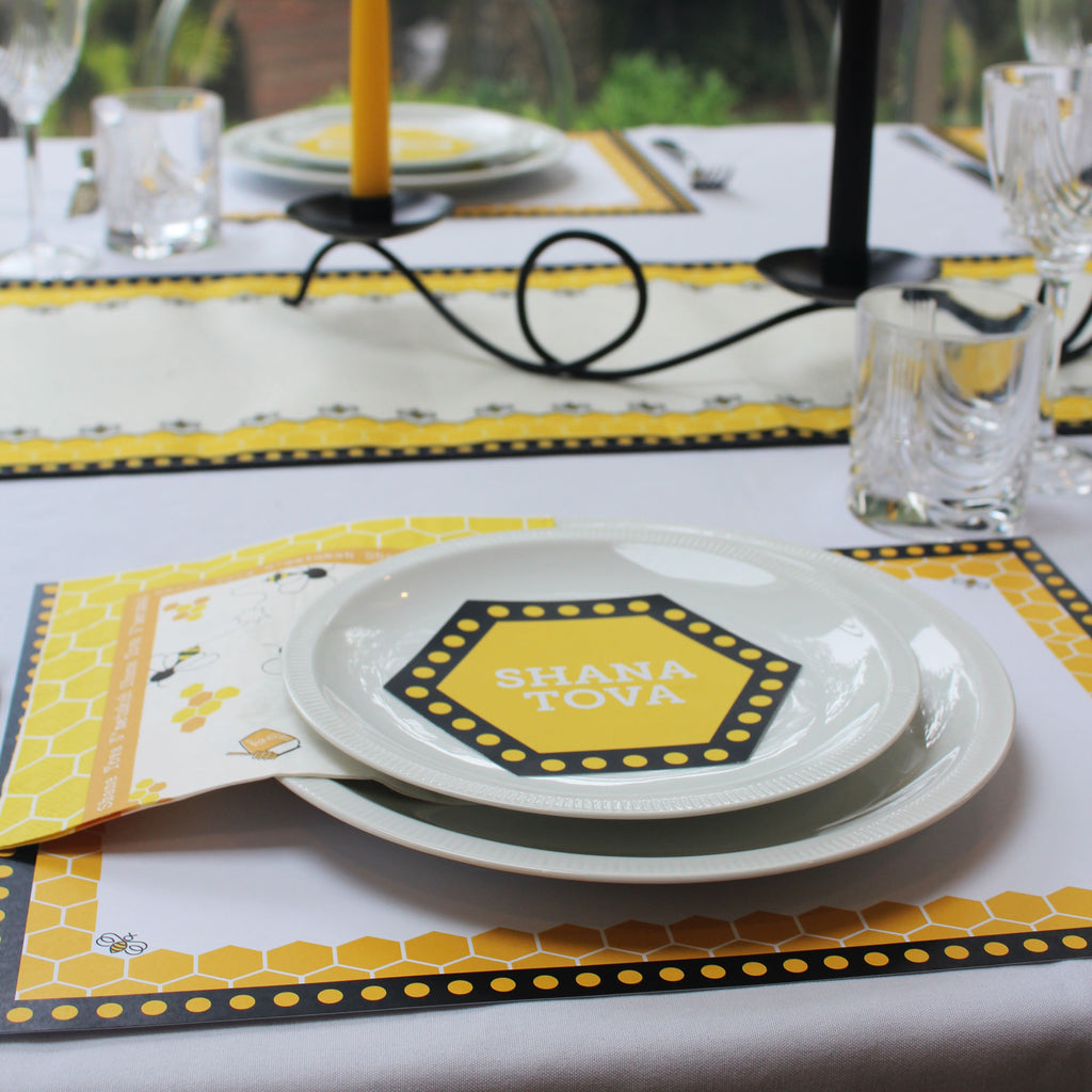 yellow bee decor pack with placemat serviettes and plate topper - rosh hashana 